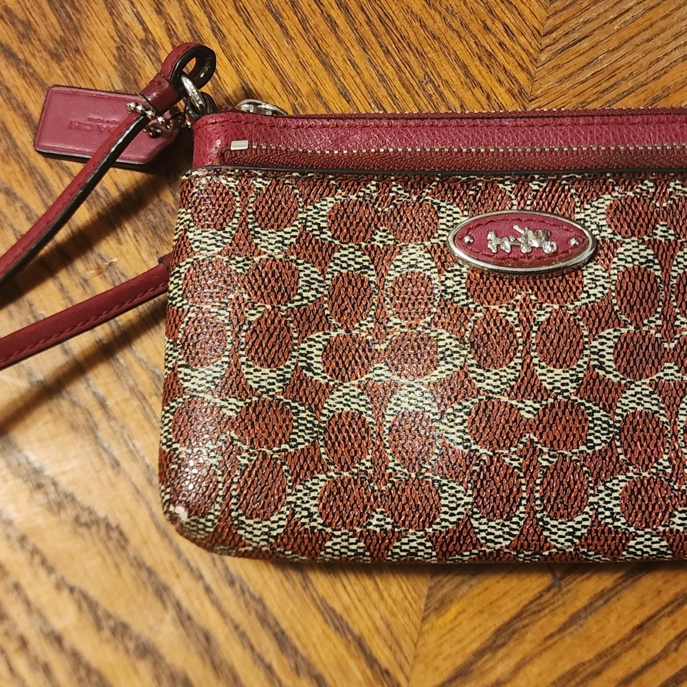 Coach Signature Wristlet in Red and Brown